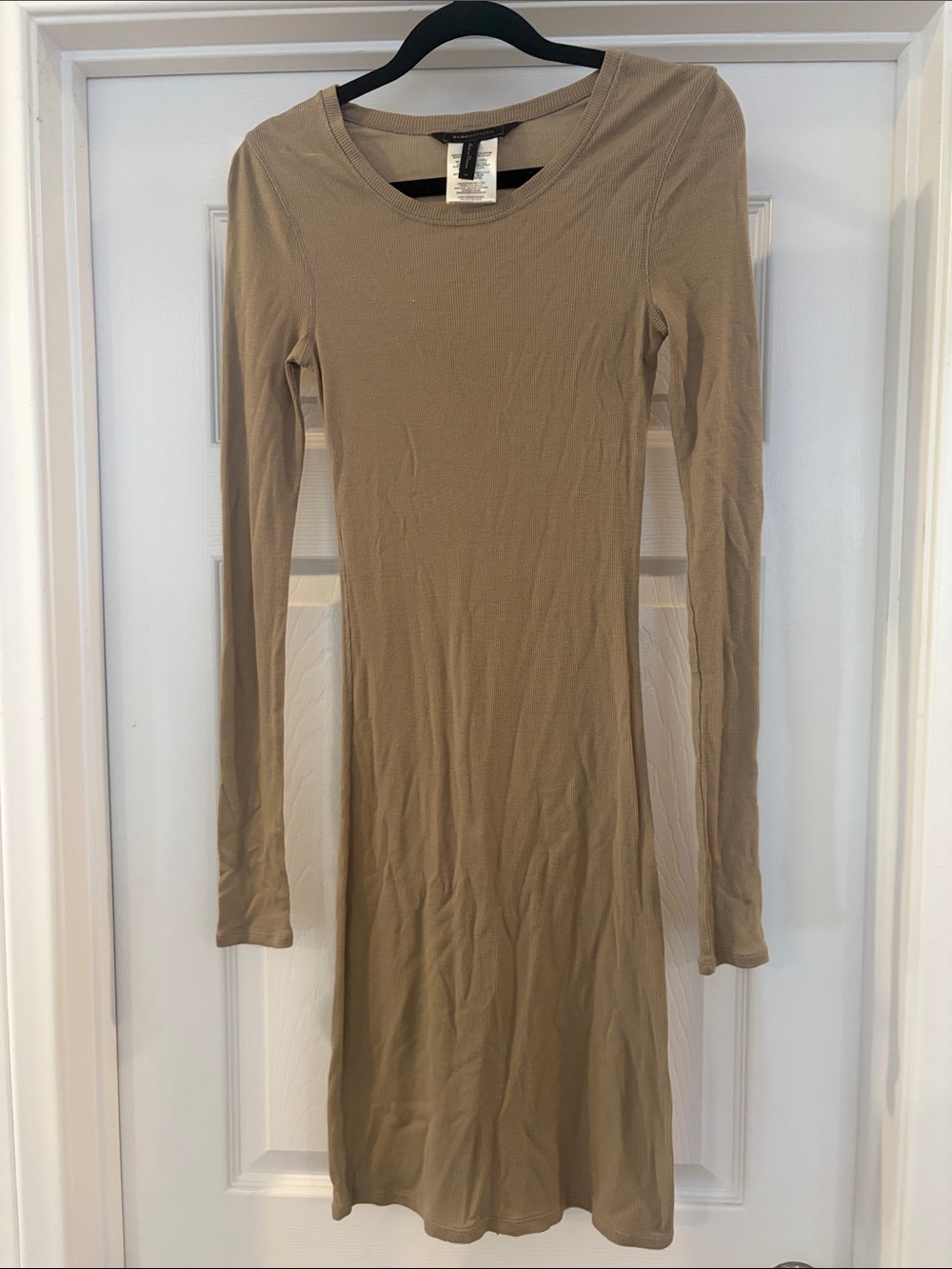 BCBGMaxAzria Ribbed Slim Long-Sleeve Crewneck Dress in Khaki